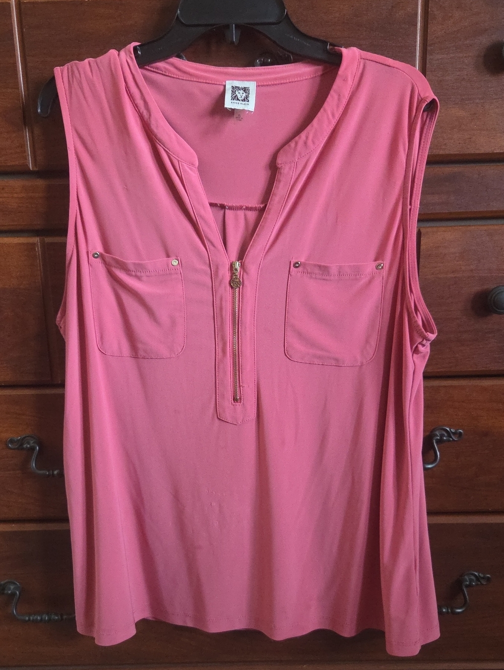 Anne Klein Rose Pink Sleeveless Zip-Front Tank with Chest Pockets